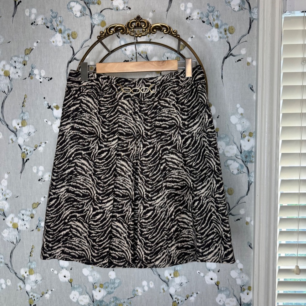 Ann Taylor Zebra Print Wool Silk Blend Mini Skirt Brown Gold Chain Horsebit 6